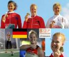 Betty Heidler mistr v hodu kladivem, Tatiana Lysenko a Anita Wlodarczyk (2. a 3.) z Mistrovství Evropy v atletice Barcelona 2010