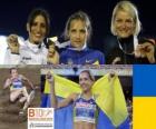 Olha Saladuha trojskoku šampion, Simona La Mantia, Svetlana Bolshakov (2. a 3.) z Mistrovství Evropy v atletice Barcelona 2010