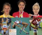 Blanka Vlasic vítěz ve skoku vysokém, Emma Green a Ariane Friedrich (2. a 3.) z Mistrovství Evropy v atletice Barcelona 2010