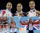 Andy Turner 110 m překážek šampion, Garfield Darien a Daniel Kiss (2. a 3.) z Mistrovství Evropy v atletice Barcelona 2010