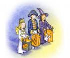 Tři děti oblečení pro trikové nebo ošetření - duch, čarodějnice a čerta s vaky