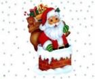 Santa Claus přichází s komínem naložený s mnoha dárky
