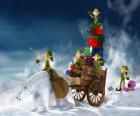 Elfové pomáhá Santa Claus doručit vánoční dárky