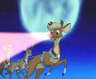 Rudolf sobí létání v přední části magické sobů na saních Santa