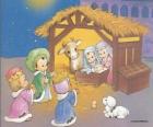 Tři Králové a dodává své dary, zlato, kadidlo a myrhu, aby dítě Ježíše
