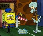 SpongeBob oblečený jako policista žádá o povolení k Squidward Chapadla