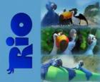 Logo Rio filmu s tři jeho protagonisté: macaws Blu, Jewel a Tucan Rafael