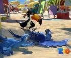Rio film s tři jeho protagonisté: macaws Blu, Jewel a Tucan Rafael na pláži