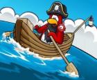 Kapitán Rockhopper a jeho mazlíček v jeho člunu v Club Penguin