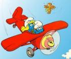 Šmoula a Šmoulinku létání červené letadlo