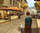 Tintin se svým psem Milou na ulici