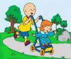 Caillou na procházku s malou sestrou v kočárku