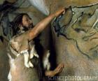 Prehistorické umělec si uvědomil, jeskynní malba představující buvola ve stěně jeskyně, zatímco je sledován dinosaurus z venku