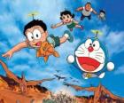 Kočka Doraemon se svými přáteli Nobita, Shizuka, Suneo a Takeshi