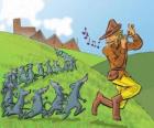 Krysař z Hameln hrát na flétnu následuje potkanů
