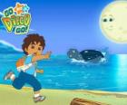 Diego na pláži a mořská želva ve vodě