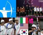 Pódium mužů Lukostřelba týmy, Itálie, Spojené státy a Jižní Korea na jihu - London 2012-