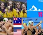 Pódium a plavání žen na 4 x 100 m freestyle štafeta, Austrálie, Spojené státy a Nizozemsko - London 2012-