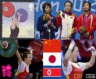 Vzpírání ženy 48 kg pódium, Wang Mingjuan (Čína), Hiromi Miyake (Japonsko) a JANG Ryang Chun-Hwa (Severní Korea) - London 2012-