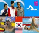 Plavání mužů na 400 m freestyle pódium, Sun Jang (Čína), Park Tae-Hwan (Jižní Korea) a Peter Vanderkaay (Spojené státy) - London 2012-