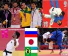 Judo mužů - 60 kg pódium, tím Galstian (Rusko), Hiroaki Hiraoka (Japonsko) a Philip Kitadai (Brazílie), Sobirov (Uzbekistán) - London 2012 - Rishod