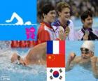 Plavání muži 200 m freestyle pódium, Yannick Agnel (Francie), Sun Jang (Čína) a Park Tae-Hwan (Jižní Korea) - London 2012-