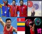 Vzpírání mužů 62 kg pódium, Kim Un-Guku (Severní Korea), Oscar Figueroa (Kolumbie) a Eko Yuli Irawan (Indonésie) - London 2012-