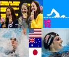 Plavání ženy 100 metru No pódium, Missy Franklin (Spojené státy), Emily Seebohm (Austrálie) a Aya Terakawa (Japonsko) - London 2012-