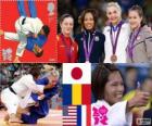 Pódium ženský Judo - 57 kg, Kaori Matsumoto (Japonsko), Corina Căprioriu (Rumunsko) a Malloy Marti (Spojené státy), Automne Pavia (Francie) - London 2012-