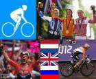 Ženy Silniční cyklistika pódium, Marianne Vos (Nizozemsko) Elizabeth Armitstead (Velká Británie) a Olga Zabelinskaya (Rusko) - London 2012-