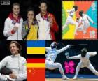 Pódium a oplocení ženy individuální meč, Yana Shemiakina (Ukrajina), Britta Heidemann (Německo) a Sun Yujie (Čína) - London 2012-