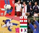 Pódium Judo pánské - 66 kg, Lasha Shavdatuasvili (Gruzie), Miklos Ungvari (Maďarsko) a Masaši Ebinuma (Japonsko), Cho VI-Ho (Jižní Korea) - London 2012-