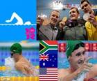 Pódium a plavání muži 100 m prsa, Cameron van der Burgh (Jižní Afrika), Christian Sprenger (Austrálie) a Brendan Hansen (Spojené státy) - London 2012 - styl