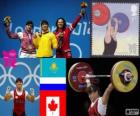 Ženy do 63 kg vzpírání pódium, Maiya Maneza (Kazachstán), Světlana Tsarukayeva (Rusko) a Christine Girard (Kanada) - London 2012-