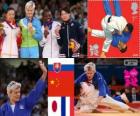 Pódium Judo women's - 63 kg, Žolnir Urška (Slovinsko), Xu Lili (Čína) a Gevrise Emane (Francie), Yoshie Ueno (Japonsko) - London 2012-