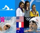 Pódium 200 metrů plavání ve stylu svobodné ženy, Allison Schmitt (Spojené státy), Camille Muffat (Francie) a Barratt Bronte (Austrálie) - London 2012-