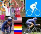 Ženy čas zkušební cyklistické pódium, Kristin Armstrong (Spojené státy), Judith Arndt (Německo) a Olga Zabelinskaya (Rusko) - London 2012-