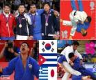 Pódium Judo mužů - 90 kg, Asley González (Kuba), Masaši Nishiyama (Japonsko) - London 2012 - a Ilias Iliadis (Řecko), píseň Dae-Nam (Jižní Korea)