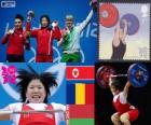 Ženy 69 kg vzpírání pódium, Rim Čong-Sim (Severní Korea), Roxana Cocoş (Rumunsko) a Maryna Shkermankova (Bilorrusia) - London 2012-