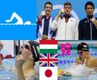 Pánské plavání 200 m prsa pódium, Daniel Gyurta (Maďarsko), Michael Jamieson (Velká Británie) a Ryo Tateishi (Japonsko) - London 2012-