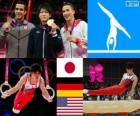 Gymnastika mužů umělecké individuální celkového pódium, Koheii Uchimura (Japonsko), Marcel Nguyen (Německo) a Danell Leyva (Spojené státy) - London 2012-