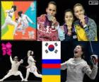 Pódium a oplocení ženy individuální Sabre, Kim Ji-Yeon (Jižní Korea), Sofie Velikaya (Rusko) a Olga Jarlan (Ukrajina) - London 2012-