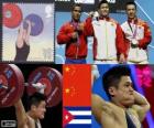 Pódium a vzpírání muži 77 kg, Lu Xiaojun, Wu Jingbao (Čína) a změnit Iván Rodríguez (Kuba) - London 2012 -