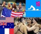 Pódium plavání ženy 4 x 200 m freestyle štafeta, Spojené státy, Austrálie a Francie