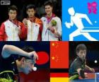 Pódium a stolní tenis muži jednotlivce, Zhang Jike, Wang Hao (Čína) a Dimitrij Ovtcharov (Německo) - London 2012-
