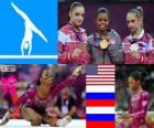 Gymnastika ženy individuální individuální celkového pódium, Gabrielle Douglas (Spojené státy), Viktoria Komova a Aliya Mustafina (Rusko) - London 2012-