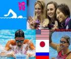 ženy plavání 200 m prsa pódium, Rebecca Soni (Spojené státy), Satomi Suzuki (Japonsko), Julie Efimova (Rusko) - London 2012-