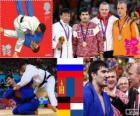 Pódium Judo mužů - 100 kg, Tagir Khaibulaev (Rusko), Najdangín Naidan (Mongolsko) a Dimitrij Peters (Německo), Henk Grol (Nizozemí) - London 2012-