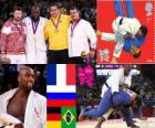 Pódium mužů Judo nad 100 kg, Teddy Riner (Francie), Alexandr Mijailin (Rusko) a Andreas Tolzer (Německo), Rafael Silva (Brazílie) - London 2012-