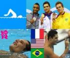 Pódium plavání muži 50 metrů volným způsobem, Florent Manaudou (Francie), Cullene Jones (Spojené státy) a César Cielo (Brazílie) - London 2012-